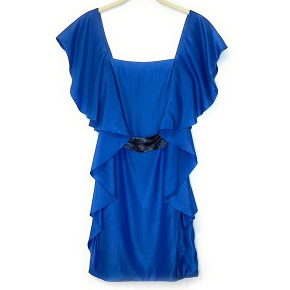 Stunning Blue Square-Neck Ruffle Party Dress with Beaded Belt - Picture 1 of 7